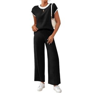 imageSHEWIN Womens 2 Piece Lounge Sets Casual Cap Sleeve Knit Sweater Top and Linen Pants Set Summer Outfits ClothesBlack