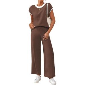 imageSHEWIN Womens 2 Piece Lounge Sets Casual Cap Sleeve Knit Sweater Top and Linen Pants Set Summer Outfits ClothesBrown