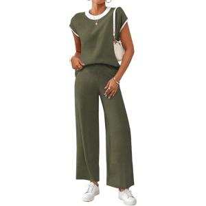 imageSHEWIN Womens 2 Piece Lounge Sets Casual Cap Sleeve Knit Sweater Top and Linen Pants Set Summer Outfits ClothesGreen