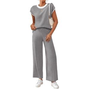 imageSHEWIN Womens 2 Piece Lounge Sets Casual Cap Sleeve Knit Sweater Top and Linen Pants Set Summer Outfits ClothesGrey