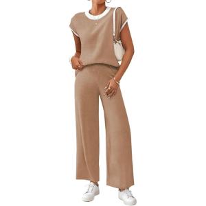 imageSHEWIN Womens 2 Piece Lounge Sets Casual Cap Sleeve Knit Sweater Top and Linen Pants Set Summer Outfits ClothesKhaki