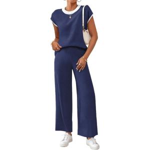 imageSHEWIN Womens 2 Piece Lounge Sets Casual Cap Sleeve Knit Sweater Top and Linen Pants Set Summer Outfits ClothesNavy Blue
