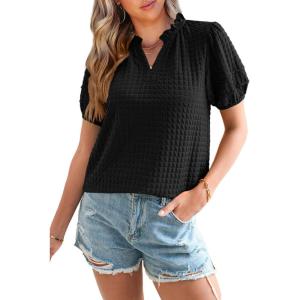 imageSHEWIN Womens Tops Casual Puff Short Sleeve Shirts Ruffle V Neck Loose BlousesBlack
