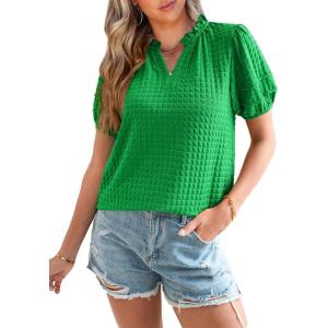 imageSHEWIN Womens Tops Casual Puff Short Sleeve Shirts Ruffle V Neck Loose BlousesBright Green