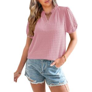 imageSHEWIN Womens Tops Casual Puff Short Sleeve Shirts Ruffle V Neck Loose BlousesFushia