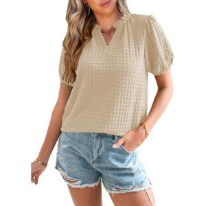 imageSHEWIN Womens Tops Casual Puff Short Sleeve Shirts Ruffle V Neck Loose BlousesParchment