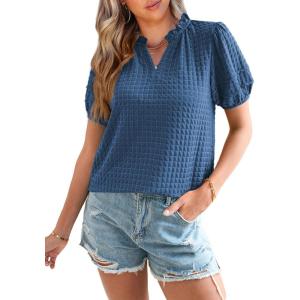 imageSHEWIN Womens Tops Casual Puff Short Sleeve Shirts Ruffle V Neck Loose BlousesReal Teal