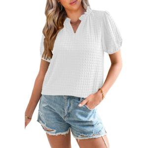 imageSHEWIN Womens Tops Casual Puff Short Sleeve Shirts Ruffle V Neck Loose BlousesWhite