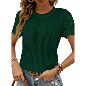 imageSHEWIN Womens Frenchy Summer Tops Crewneck Short Sleeve T Shirts Casual Waffle Knit Jacquard Blouses Top ShirtsBlackish Green