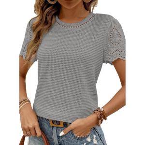 imageSHEWIN Womens Frenchy Summer Tops Crewneck Short Sleeve T Shirts Casual Waffle Knit Jacquard Blouses Top ShirtsGrey