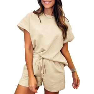 imageSHEWIN Womens 2 Piece Outfits Lounge Sets Casual Short Sleeve Shirts Shorts Cozy Pajamas Sweatsuit SetB Apricot