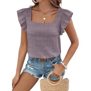 imageSHEWIN Womens Casual Summer Square Neck Tank Tops Sleeveless Ruffle Chiffon Blouses Top ShirtsLight Grey