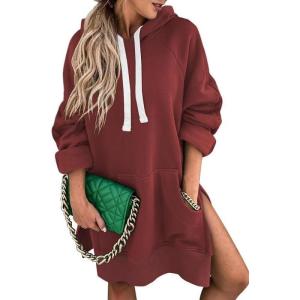 imageSHEWIN Womens Oversized Casual Pullover Long Sleeve Split Hem Drawstring Hoodies Dress With Kangaroo PocketB Red