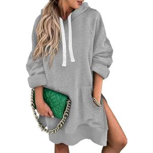 imageSHEWIN Womens Oversized Casual Pullover Long Sleeve Split Hem Drawstring Hoodies Dress With Kangaroo PocketD Gray