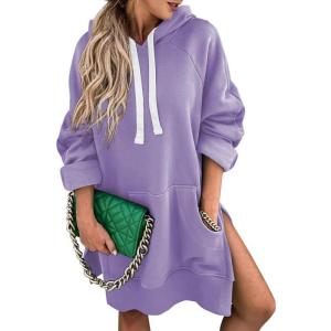 imageSHEWIN Womens Oversized Casual Pullover Long Sleeve Split Hem Drawstring Hoodies Dress With Kangaroo PocketE Purple