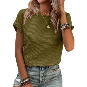 imageSHEWIN Womens Summer Tops Crewneck Short Sleeve T Shirts Casual Textured Work Shirt Loose BlousesArmy Green