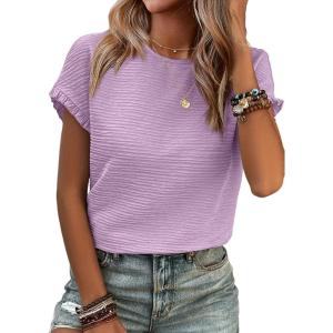 imageSHEWIN Womens Summer Tops Crewneck Short Sleeve T Shirts Casual Textured Work Shirt Loose BlousesPurple