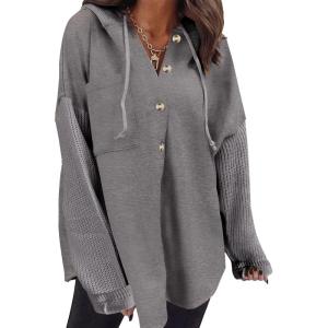 imageSHEWIN Oversized Sweatshirt for Women Loose Fit Casual Long Sleeve Button Hooded Sweatshirts Hoodies with PocketMedium Grey