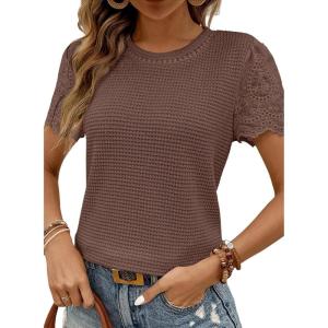 imageSHEWIN Womens Frenchy Summer Tops Crewneck Short Sleeve T Shirts Casual Waffle Knit Jacquard Blouses Top ShirtsCoffee