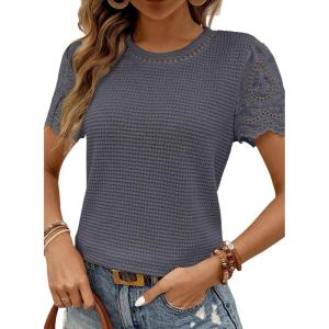 imageSHEWIN Womens Frenchy Summer Tops Crewneck Short Sleeve T Shirts Casual Waffle Knit Jacquard Blouses Top ShirtsDark Grey