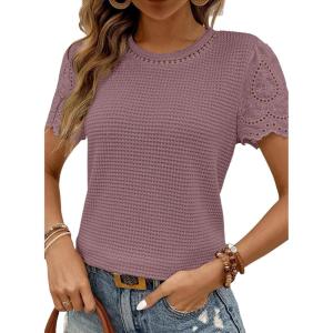 imageSHEWIN Womens Frenchy Summer Tops Crewneck Short Sleeve T Shirts Casual Waffle Knit Jacquard Blouses Top ShirtsPurple