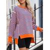 imageSHEWIN Womens Oversized Reverse Seam Sweatshirt Casual Long Sleeve Pullover Tops Lightweight Loose Crewneck SweatshirtsStrpied Pink