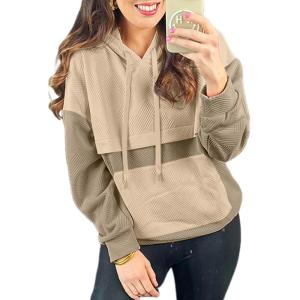 imageSHEWIN Womens Hoodies Casual Long Sleeve Textured Pullover Tops Loose Fit Drawstring Sweatshirt with PocketApricot