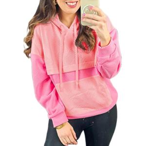 imageSHEWIN Womens Hoodies Casual Long Sleeve Textured Pullover Tops Loose Fit Drawstring Sweatshirt with PocketPink