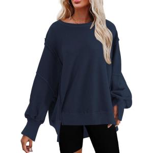 imageSHEWIN Womens Oversized Reverse Seam Sweatshirt Casual Long Sleeve Pullover Tops Lightweight Loose Crewneck SweatshirtsA Blue