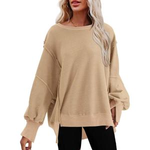 imageSHEWIN Womens Oversized Reverse Seam Sweatshirt Casual Long Sleeve Pullover Tops Lightweight Loose Crewneck SweatshirtsA Khaki