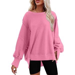 imageSHEWIN Womens Oversized Reverse Seam Sweatshirt Casual Long Sleeve Pullover Tops Lightweight Loose Crewneck SweatshirtsA Pirouette Pink