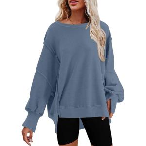 imageSHEWIN Womens Oversized Reverse Seam Sweatshirt Casual Long Sleeve Pullover Tops Lightweight Loose Crewneck SweatshirtsA Prussian Blue