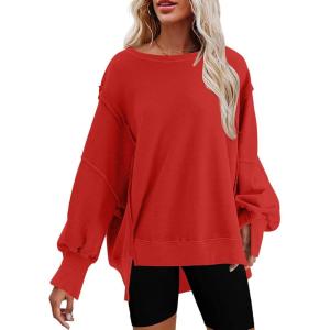 imageSHEWIN Womens Oversized Reverse Seam Sweatshirt Casual Long Sleeve Pullover Tops Lightweight Loose Crewneck SweatshirtsA Red