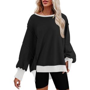 imageSHEWIN Womens Oversized Reverse Seam Sweatshirt Casual Long Sleeve Pullover Tops Lightweight Loose Crewneck SweatshirtsColor Block Black