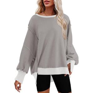 imageSHEWIN Womens Oversized Reverse Seam Sweatshirt Casual Long Sleeve Pullover Tops Lightweight Loose Crewneck SweatshirtsColor Block Grey