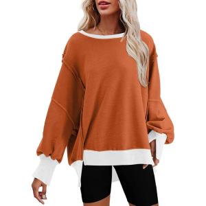 imageSHEWIN Womens Oversized Reverse Seam Sweatshirt Casual Long Sleeve Pullover Tops Lightweight Loose Crewneck SweatshirtsColor Block Orange