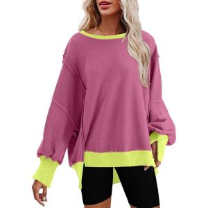 imageSHEWIN Womens Oversized Reverse Seam Sweatshirt Casual Long Sleeve Pullover Tops Lightweight Loose Crewneck SweatshirtsColor Block Pink