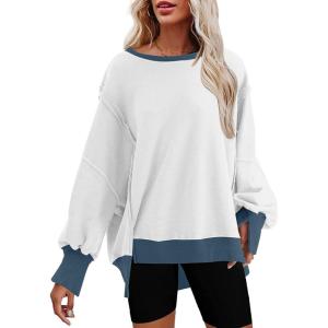 imageSHEWIN Womens Oversized Reverse Seam Sweatshirt Casual Long Sleeve Pullover Tops Lightweight Loose Crewneck SweatshirtsColor Block White