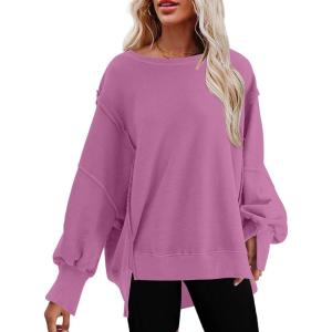 imageSHEWIN Womens Oversized Reverse Seam Sweatshirt Casual Long Sleeve Pullover Tops Lightweight Loose Crewneck SweatshirtsN Pink Purple