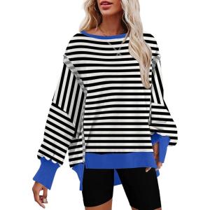 imageSHEWIN Womens Oversized Reverse Seam Sweatshirt Casual Long Sleeve Pullover Tops Lightweight Loose Crewneck SweatshirtsStrpied Black