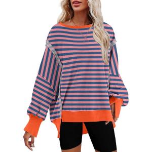 imageSHEWIN Womens Oversized Reverse Seam Sweatshirt Casual Long Sleeve Pullover Tops Lightweight Loose Crewneck SweatshirtsStrpied Pink