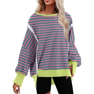 imageSHEWIN Womens Oversized Reverse Seam Sweatshirt Casual Long Sleeve Pullover Tops Lightweight Loose Crewneck SweatshirtsStrpied Purple