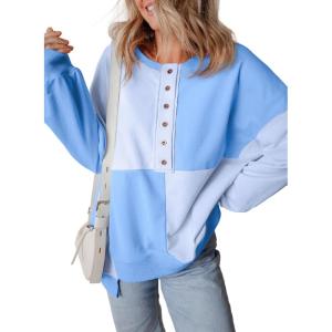 imageSHEWIN Womens Oversized Sweatshirts Casual Loose Button Henley Fashion Comfort Colors Pullover TopsLight Blue
