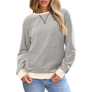 imageSHEWIN Womens Striped Sweatshirt Crewneck Casual Long Sleeve Pullover Tops Trendy 2025Apricot and Black Stripe
