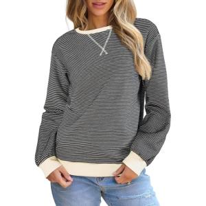 imageSHEWIN Womens Striped Sweatshirt Crewneck Casual Long Sleeve Pullover Tops Trendy 2025Apricot and Gray Stripe