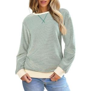 imageSHEWIN Womens Striped Sweatshirt Crewneck Casual Long Sleeve Pullover Tops Trendy 2025Apricot and Green Stripe