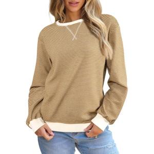 imageSHEWIN Womens Striped Sweatshirt Crewneck Casual Long Sleeve Pullover Tops Trendy 2025Apricot and Light French Beige Stripe