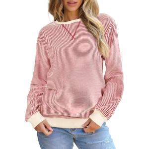imageSHEWIN Womens Striped Sweatshirt Crewneck Casual Long Sleeve Pullover Tops Trendy 2025Apricot and Red Stripe