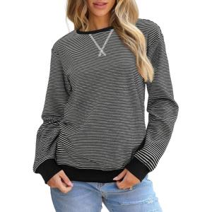 imageSHEWIN Womens Striped Sweatshirt Crewneck Casual Long Sleeve Pullover Tops Trendy 2025Black and White Stripe
