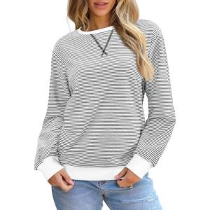 imageSHEWIN Womens Striped Sweatshirt Crewneck Casual Long Sleeve Pullover Tops Trendy 2025White and Black Stripe